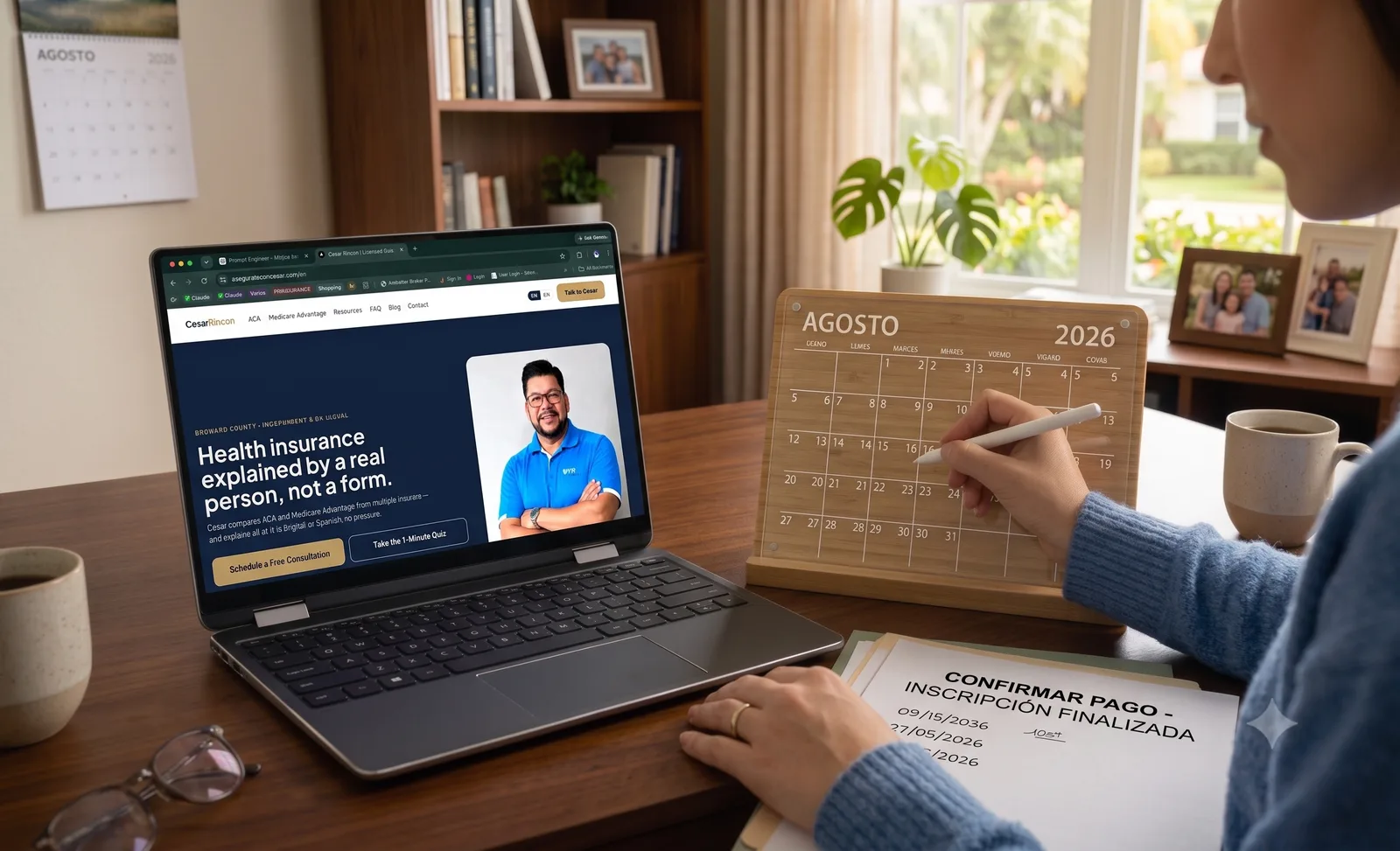 A person marking enrollment dates on a desk calendar next to a laptop showing the Cesar Rincon website