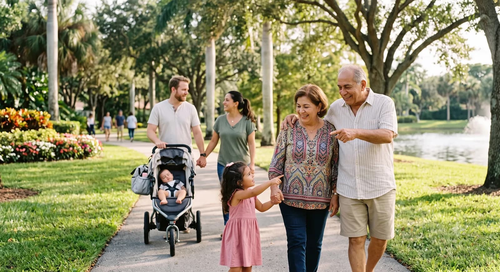 Three generations of a family walking together outdoors in a park