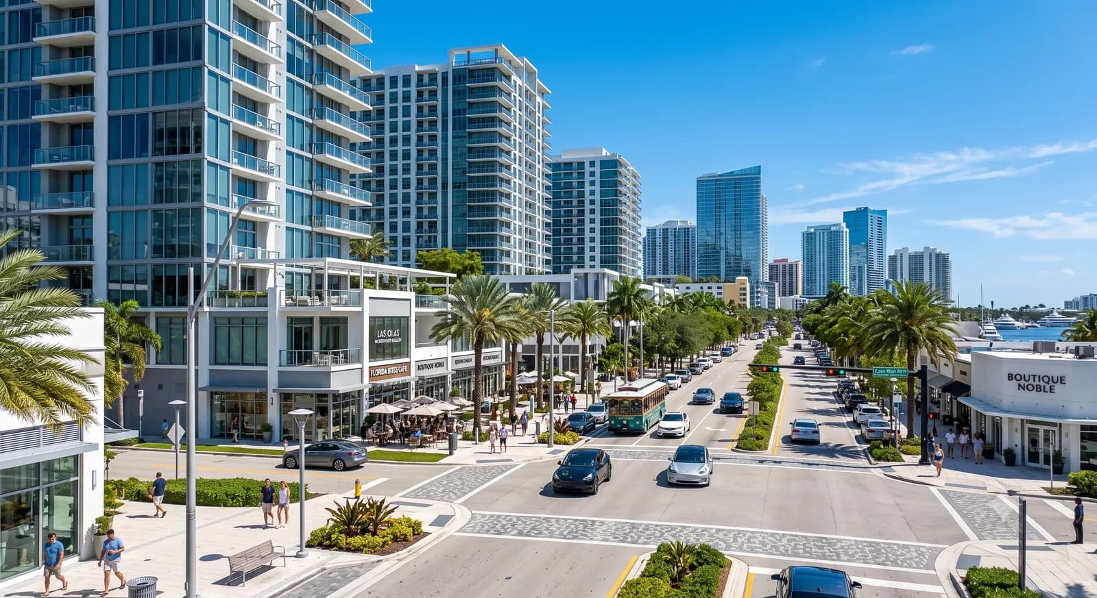 A sunny street view of Las Olas Boulevard in Fort Lauderdale, Broward County