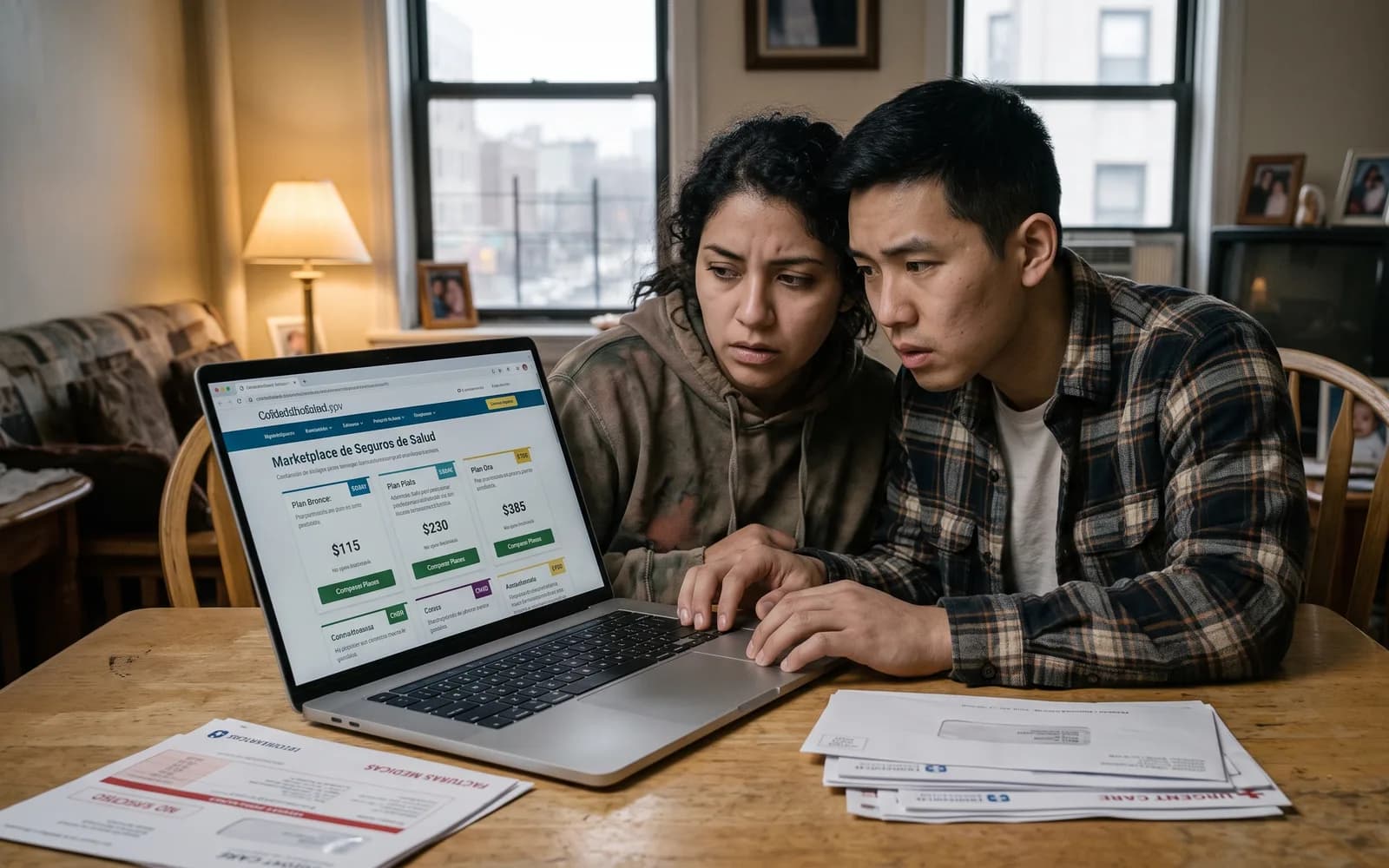 A worried couple reviewing Marketplace plan prices on a laptop next to a stack of medical bills at their kitchen table