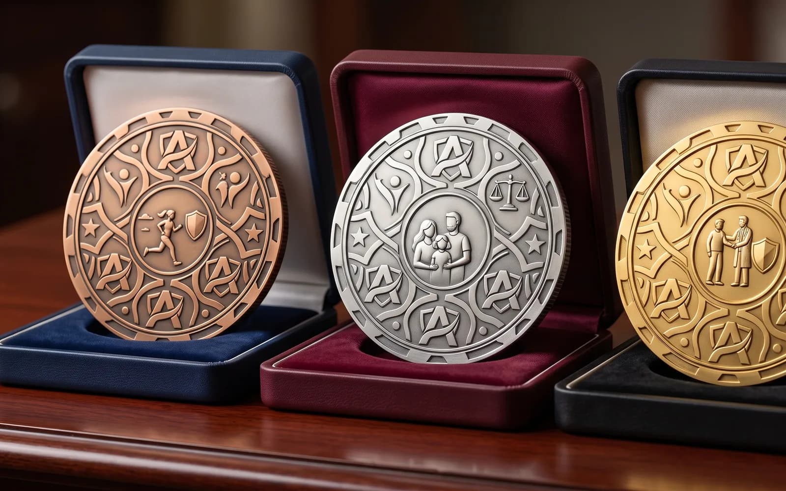 Three engraved medals in bronze, silver, and gold, each representing an ACA metal tier, displayed in presentation cases