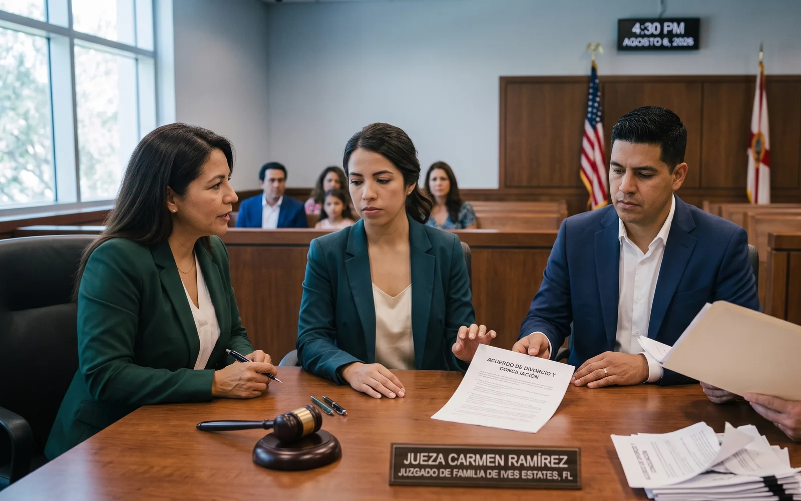 Two attorneys reviewing a divorce and settlement agreement with their clients at a courtroom table