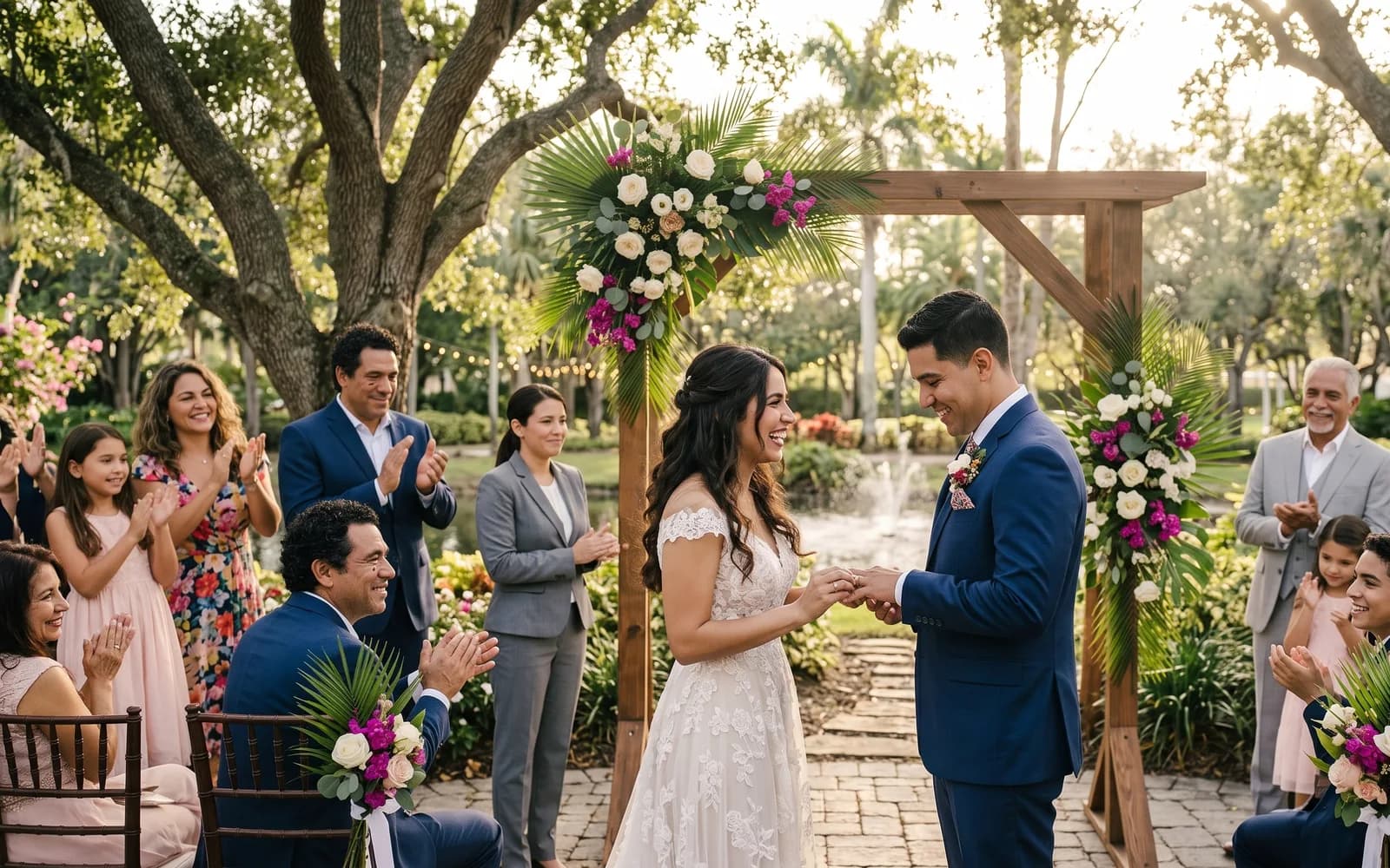 A bride and groom exchanging rings at an outdoor wedding ceremony surrounded by applauding family