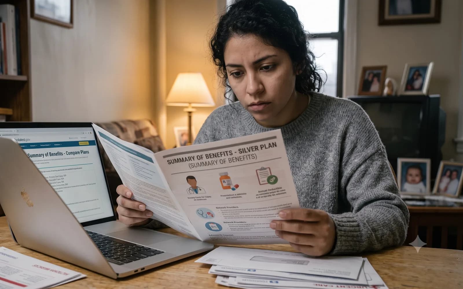 A woman comparing her plan's printed Summary of Benefits against the Marketplace website on her laptop