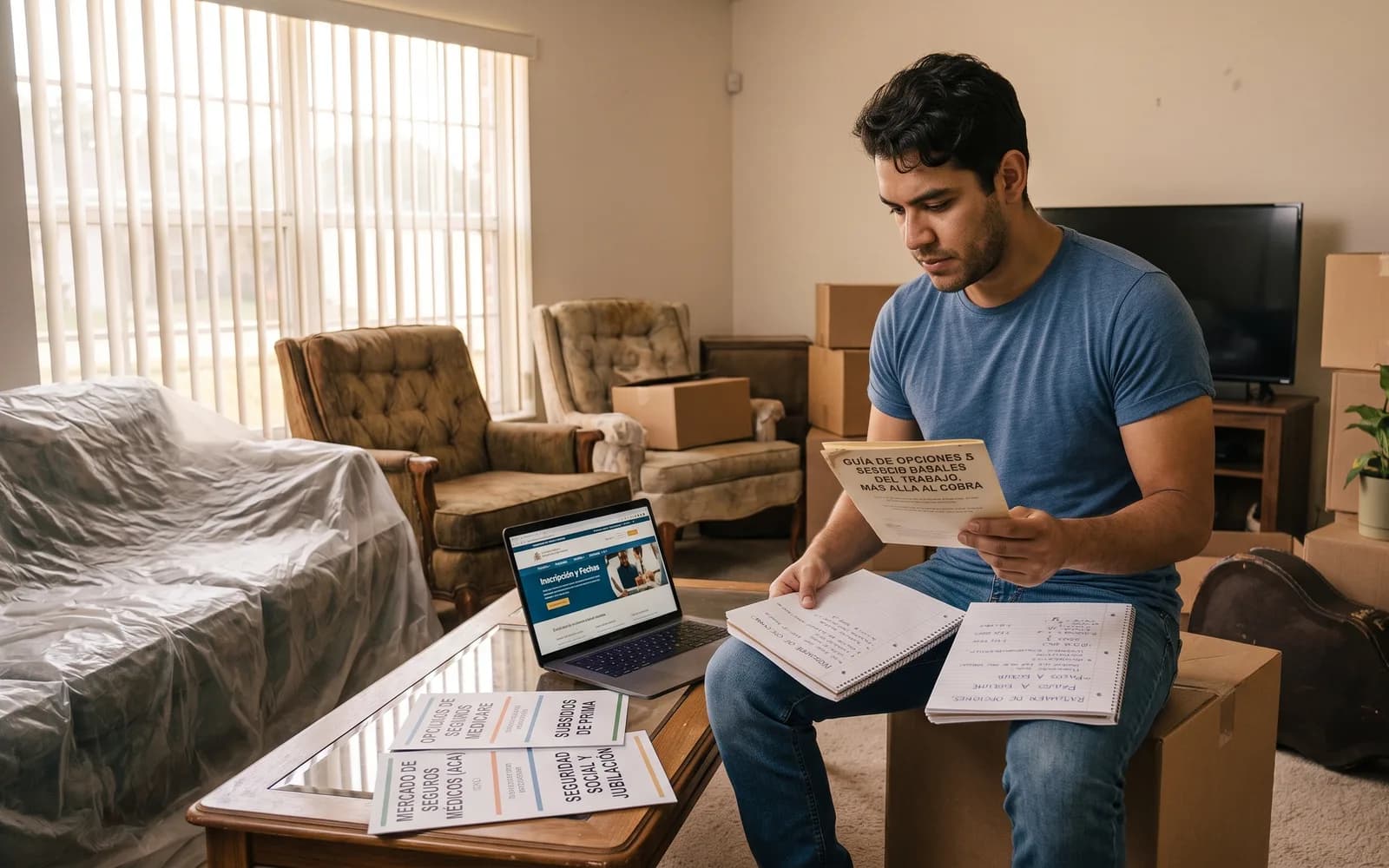 A man reviewing a COBRA options guide and Marketplace flyers while sitting among moving boxes in his living room