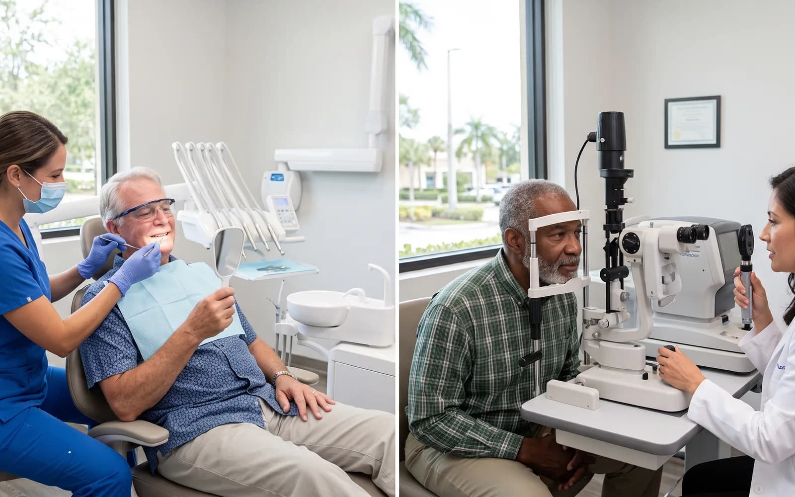 Split view of a Medicare Advantage member at a dental checkup and another at an eye exam