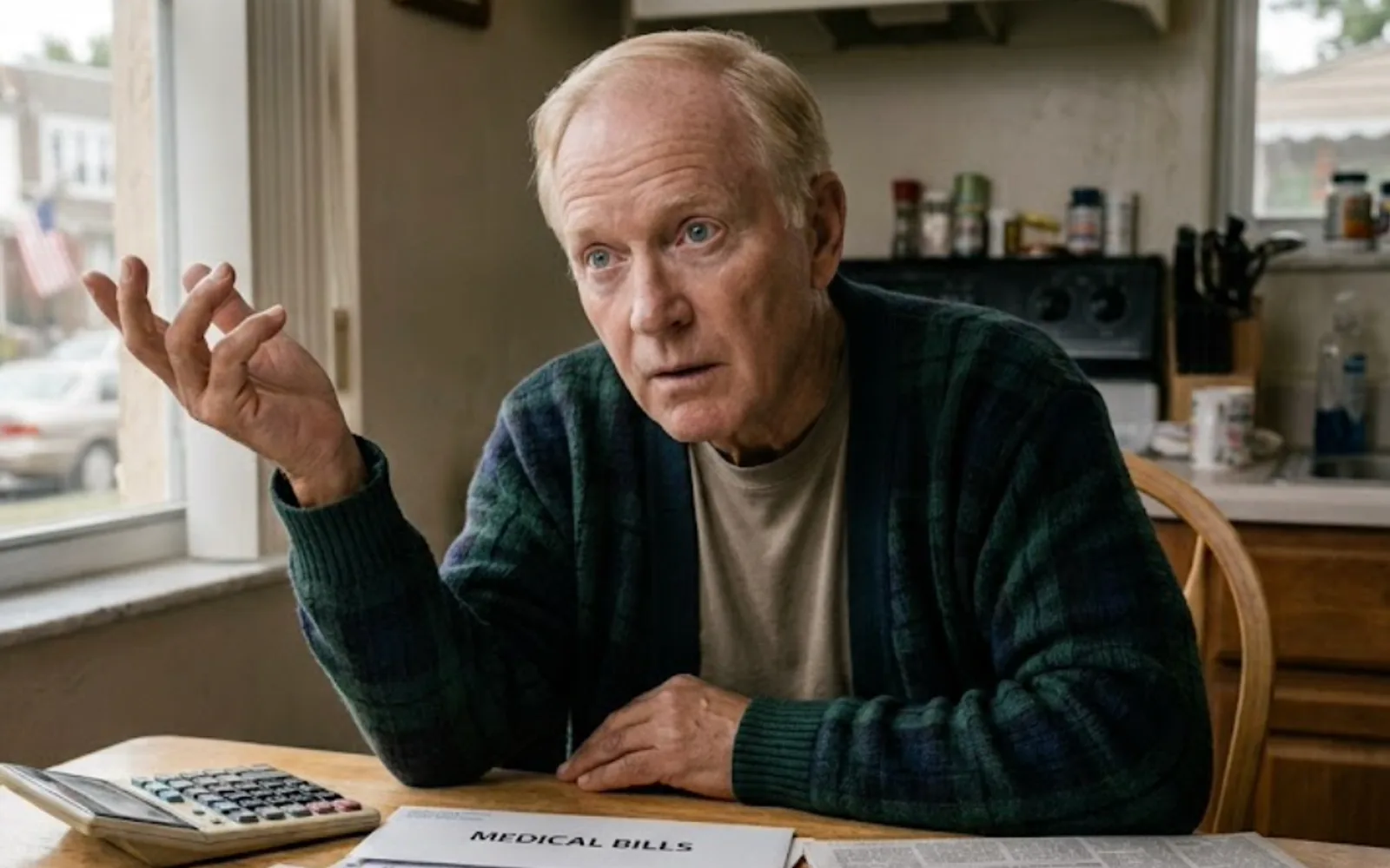An older man gesturing while talking at his kitchen table, surrounded by medical bills and a calculator