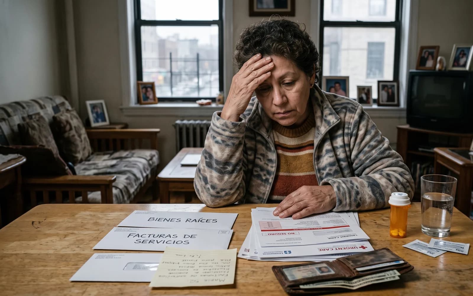 A woman sitting at her kitchen table looking worried while reviewing bills, an unpaid insurance notice, and medication