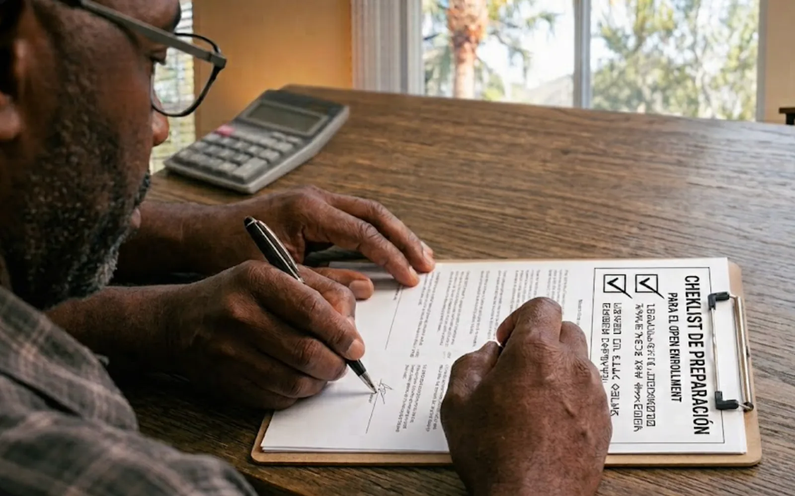 A man reviewing and signing an Open Enrollment preparation checklist on a clipboard