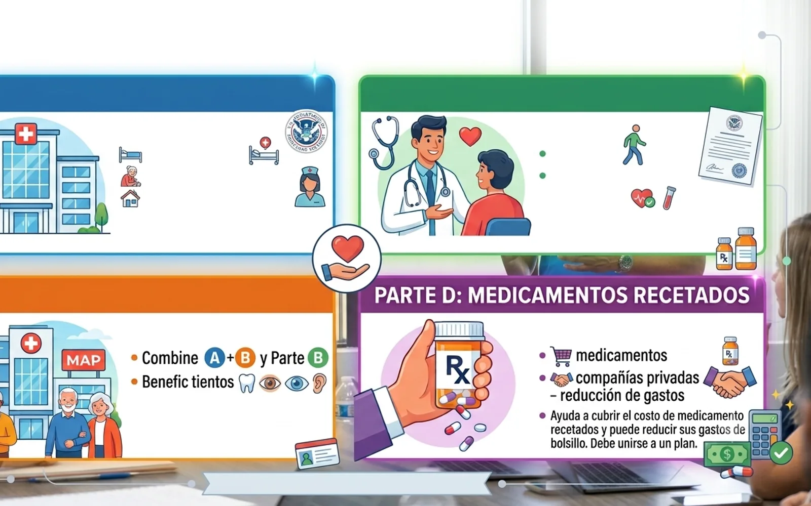 An infographic comparing different health coverage options, including hospital care, doctor visits, combined plans, and prescription drug coverage