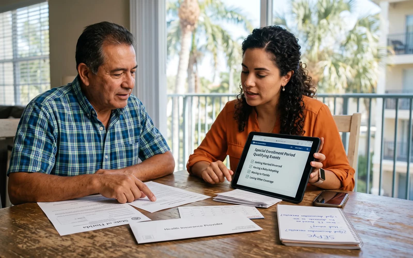 A couple reviewing a tablet listing qualifying life events for a Special Enrollment Period, such as marriage, a new baby, or moving