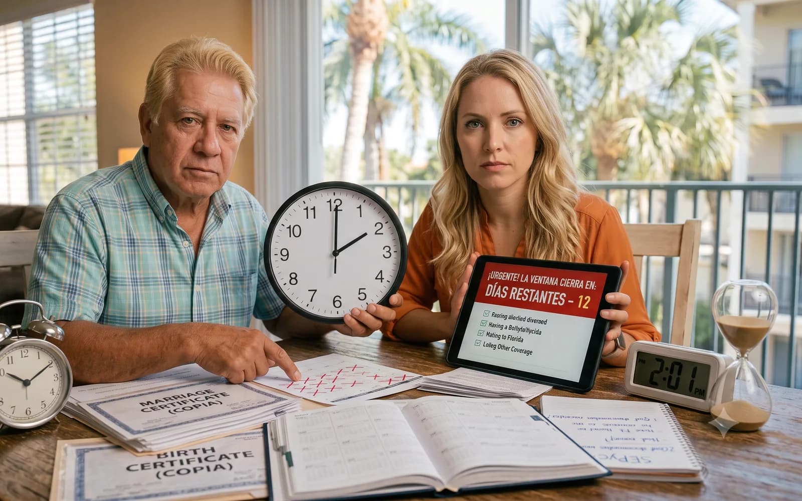 A couple holding a clock and an hourglass next to a tablet showing an urgent countdown to their enrollment deadline