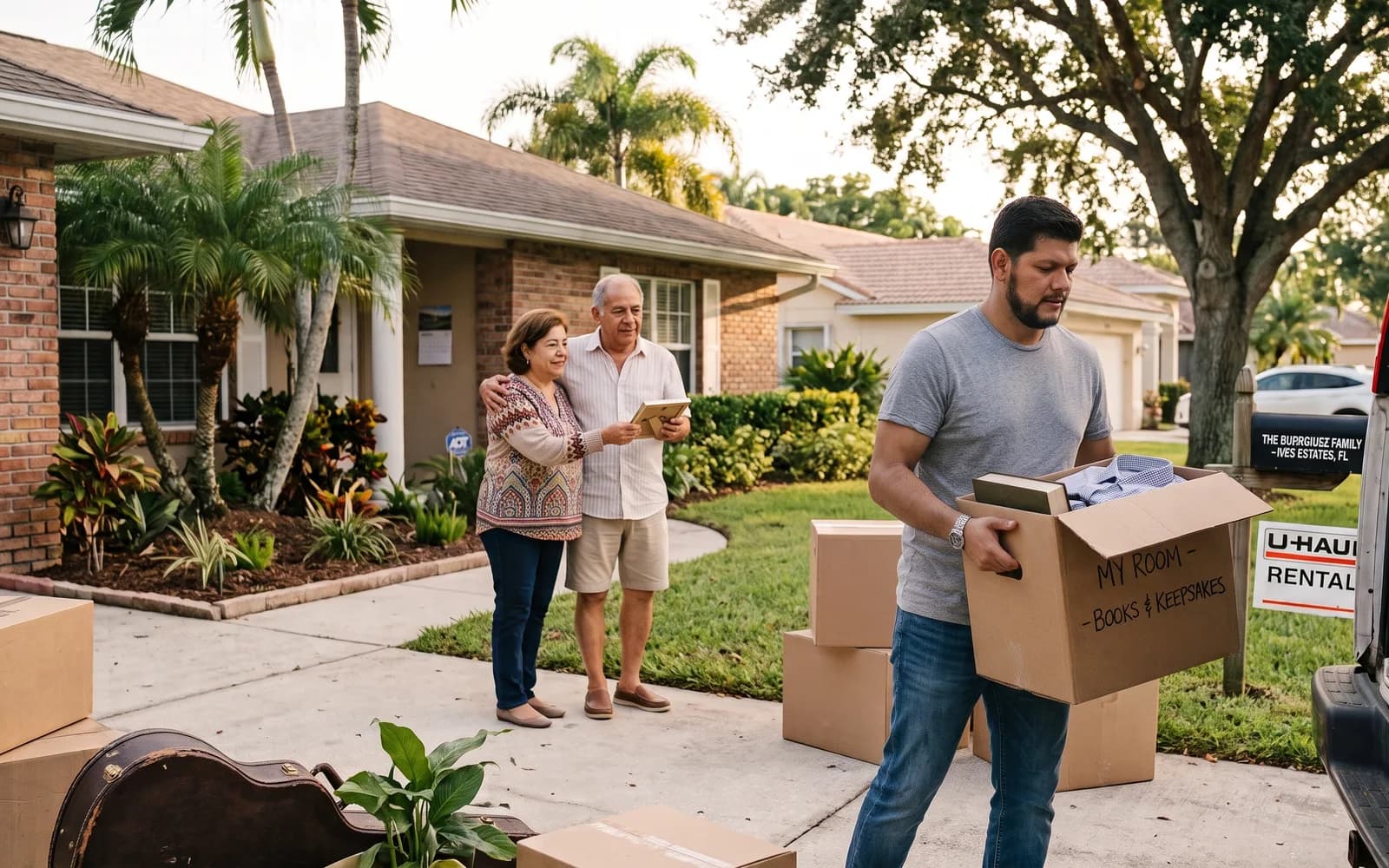 A young man moving boxes into his own home while his parents look on proudly from the front yard