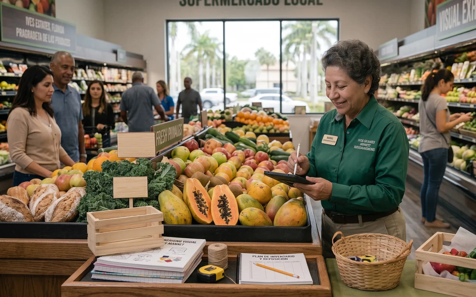 A woman working at a local grocery store past typical retirement age, checking inventory on a tablet