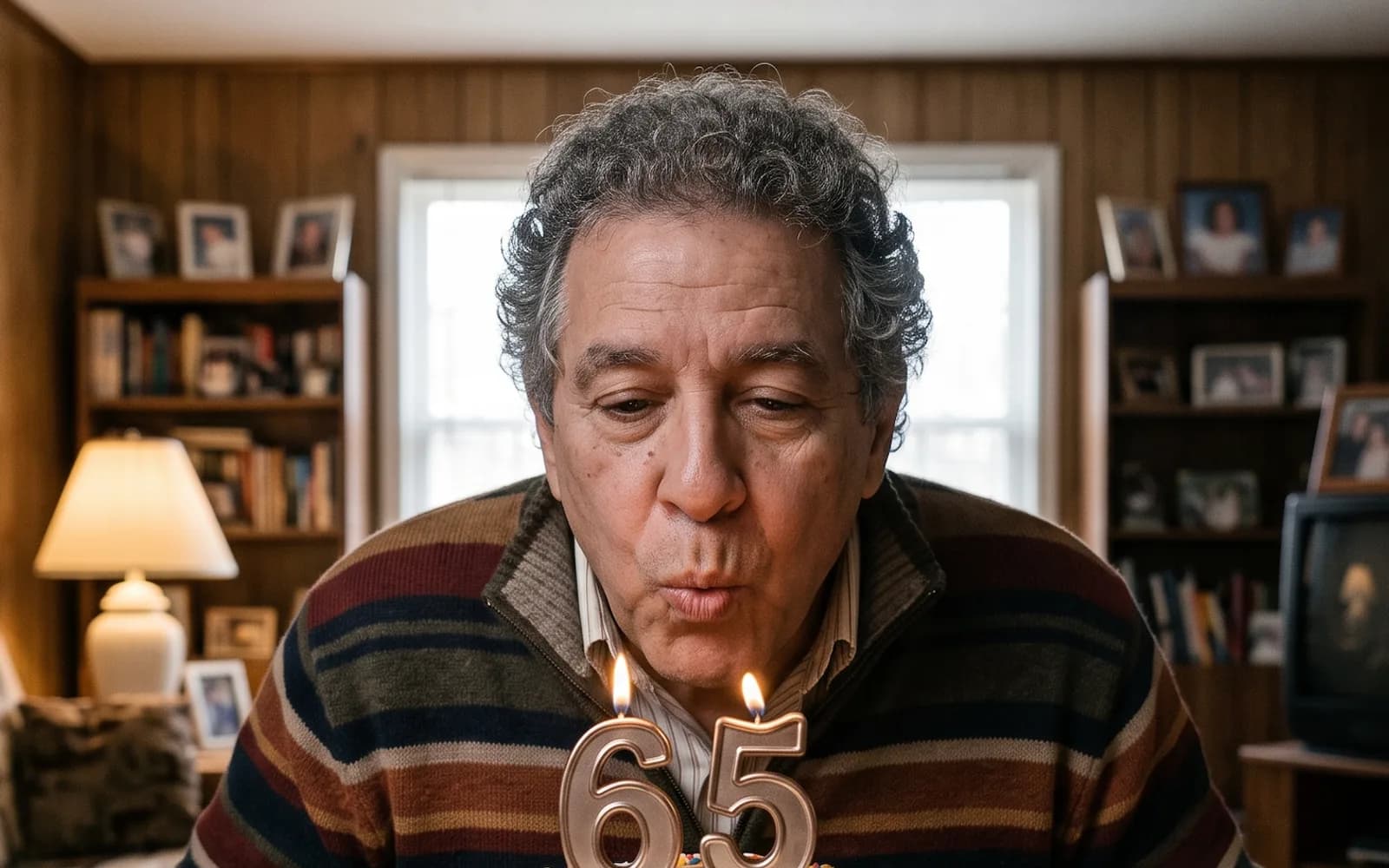 A man blowing out two candles shaped like the number 65 on his birthday cake at home