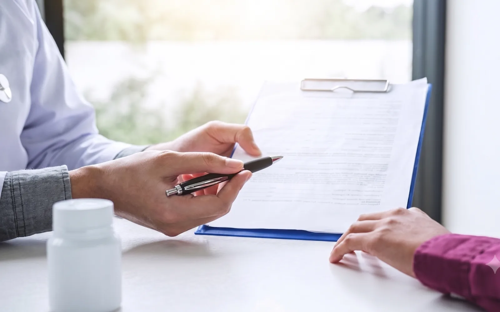 A doctor reviewing paperwork with a patient during a healthcare visit, with a prescription bottle on the desk