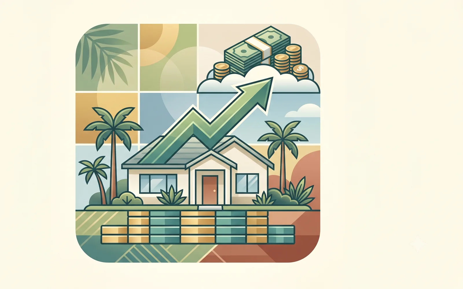 An illustration of a house with a rising financial growth arrow and money, representing household income