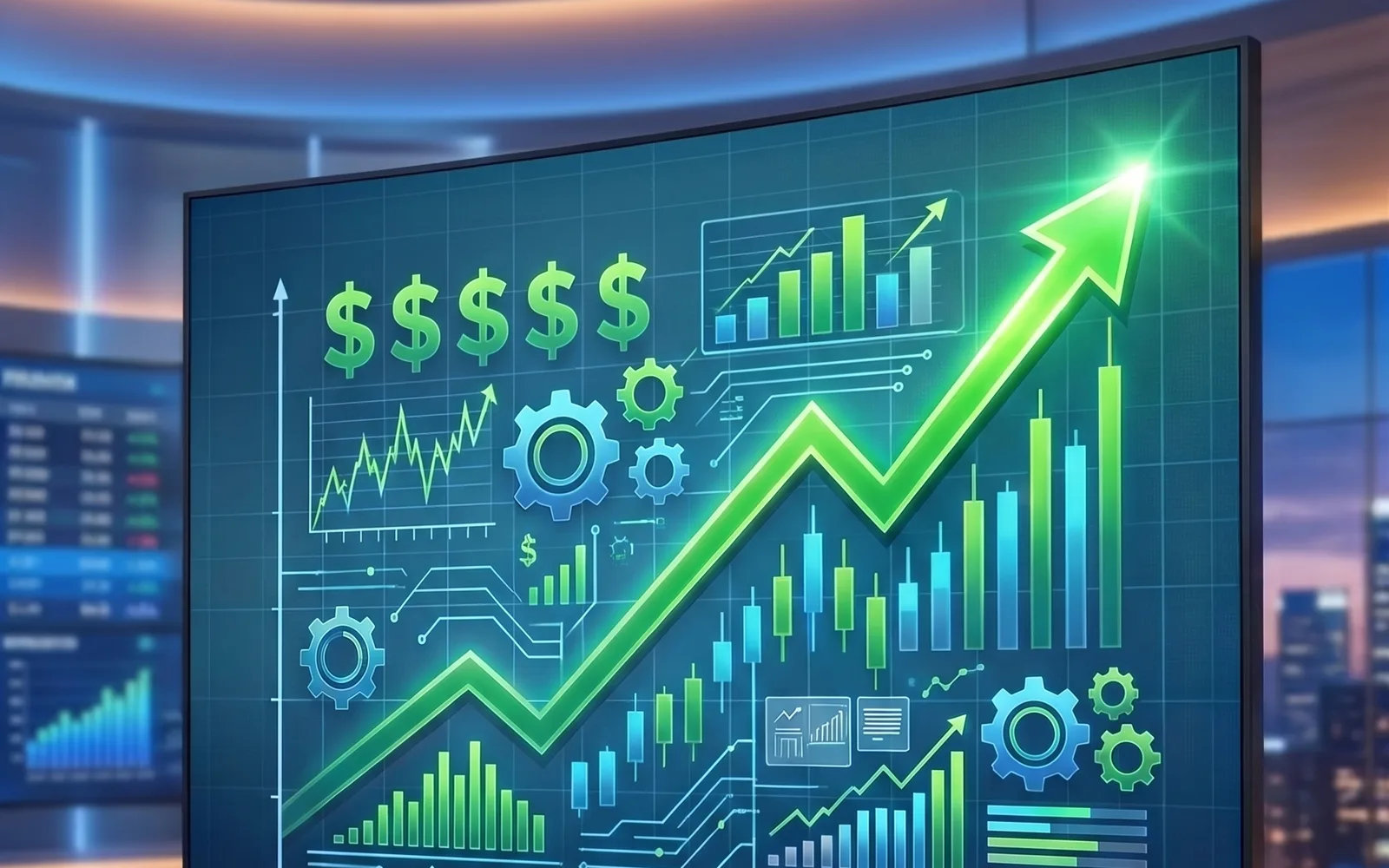 A large screen displaying financial charts, dollar signs, and an upward trend arrow, representing a rise in insurance costs